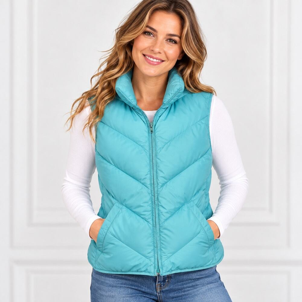 Eddie Bauer Womens Down Puffer Vest Teal Turquoise Quilted Full Zip Medium